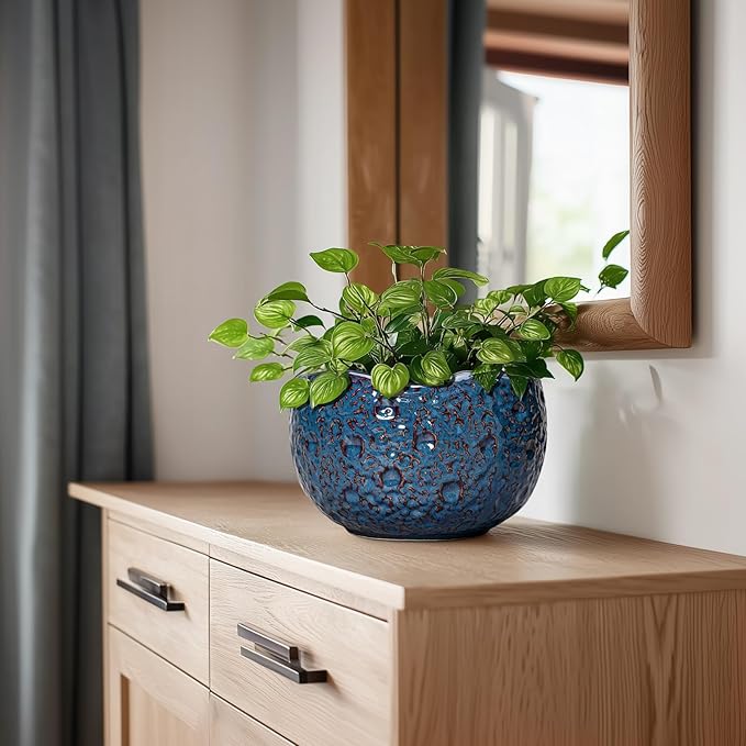 8 Inch Plant Pot - Ceramic Planter for Indoor Outdoor Plants, Round Unique Plant Pots with Drainage Hole, Modern Decorative Flower Pots, Home Decor, Gifts for Plants Lovers, Retro Blue