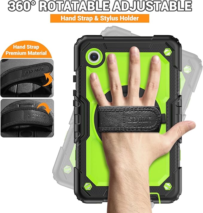 SEYMAC for Samsung Galaxy Tab A9 Case 8.7 Inch 2023 (SM-X110/X115/X117), Heavy Duty Shockproof Protective Case with Screen Protector, Rotating Stand, Hand/Shoulder Strap and Pen Holder, Green