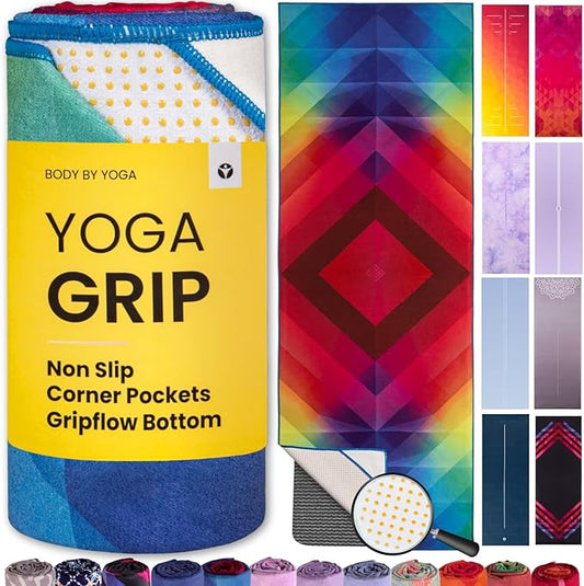 Yoga Grip Yoga Towel - Non Slip Hot Yoga Mat Towel With Corner Pockets, No-Skid Grip, and Built-in Alignment Lines | Soft, Moisture Wicking, and Sweat Absorbent | No Bunching, Stays in Place 72" x 25"