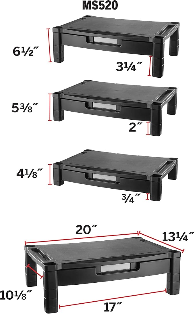 Kantek Wide Deluxe Two-Level Monitor Stand With Drawer, 20" X 13.25" X 3" To 6.5", Black, Supports 50 Lbs