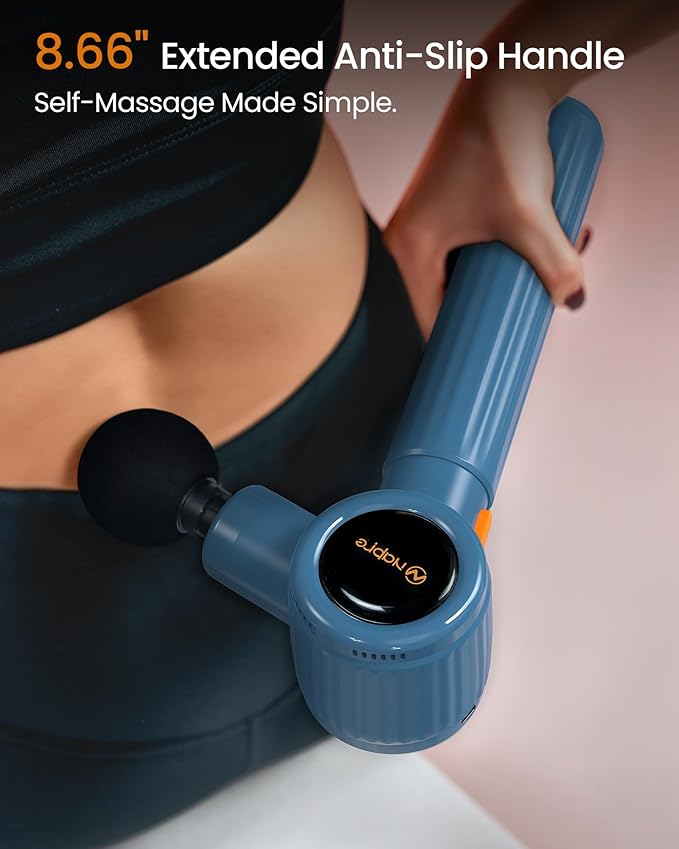 NAPRE Massage Gun with Extension Handle and 3 Adjustable Angles,Deep Tissue Back Massage for Neck/Shoulders/Waist/Legs/Body Pain Relief,Handheld Percussion Muscle Massager with Portable Case,Blue