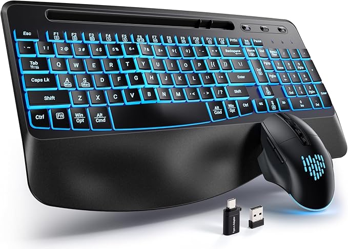 Hamile Wireless Keyboard and Mouse Combo : Ergonomic Wave Keys for Natural Typing, Full Size Keyboards with Wrist Rest, Quiet Backlit Mice,Phone Holder, 2.4G Set for Computer/Laptop/Mac/Windows, Black