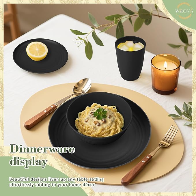 32-piece Kitchen Alternative Melamine Wheat Straw Dinnerware Sets,Unbreakbale Dishwasher Safe Kitchen Bowls and Plates Sets with Cups,Apartment Essential Dishes Set for 8.Black Series
