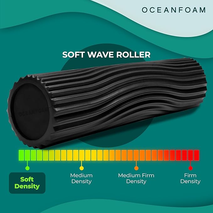Oceanfoam Soft Tidal Roller (Black) - Low Density Foam Roller for Physical Therapy, Back Pain, Excercise & Stretching - Wave Textured - Yoga, Athletics, & Wellness - Full Size, 20" x 5"