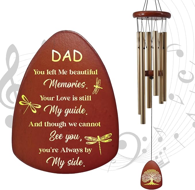 Memorial Sympathy Dad Wind Chimes for Outside, Dragonfly Wind Chimes for Loss of Father for Bereavement/Condolence/Funerary Gift Idea,32inch Wooden,Brown