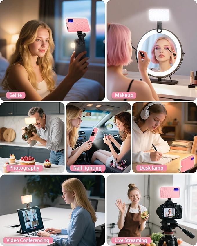 168 LED Selfie Light for iPhone, Phone Light, 3000mah Rechargeable Picture Light Clip Portable Lights for Phone, Camera, Laptop, iPad, 3 Lights Modes for Makeup, Video Conference, TikTok, Vlog (Pink)