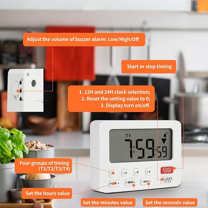 YOOREAL Digital Kitchen Timers, with 4 Sets of Countdown Stop Watches Timer/Magnetic Timer Clock with Adjustable Loud Alarm Classroom Cooking Fitness Baking Studying Teaching (White)