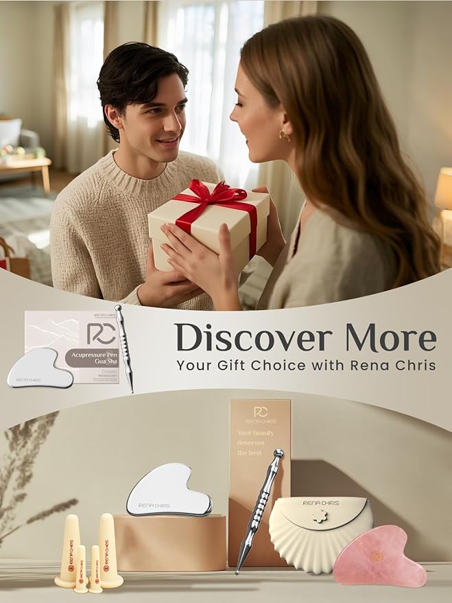 Rena Chris Acupuncture Pen, Manual Reflexology Tools for Muscle Tension and Pain Relief, Acupressure Pen and Stainless Steel Gua Sha Set with Reflexology Chart, Easy to Use