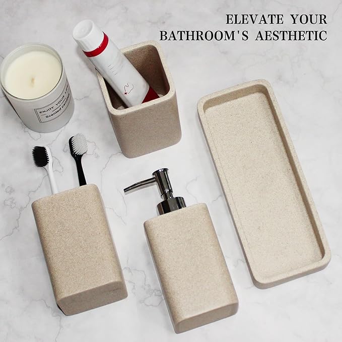 Bathroom Accessories Set, 4 Pcs Bathroom Accessory Set, Soap Dispenser, Toothbrush Holder, Qtip Holder Set, Bathroom Sets Complete, Bathroom Sink Set for Modern Home, Beige