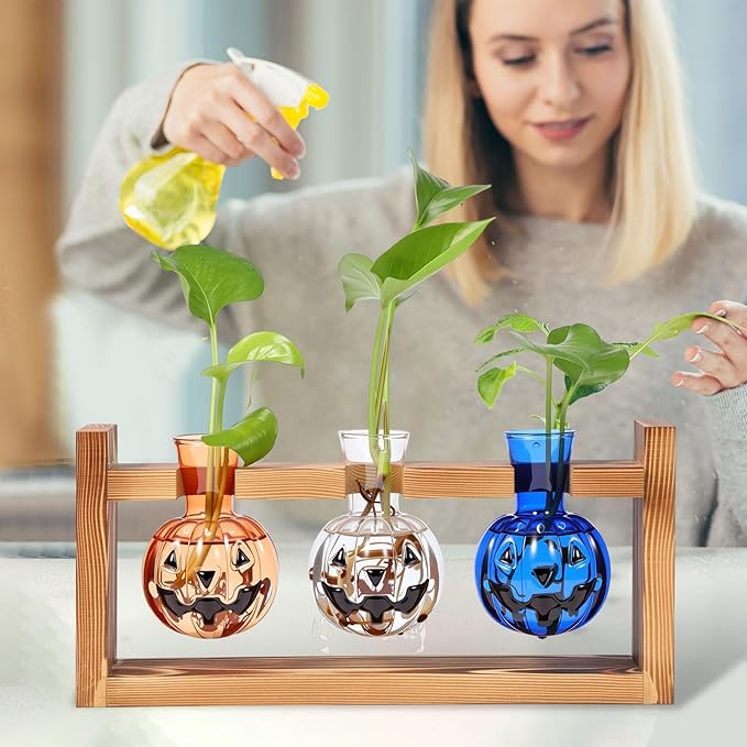 Halloween Plant Propagation Stations Plant Terrarium with Wooden Stand Hydroponics Glass Vase Planter for Halloween Home Office Garden Table Decoration(Pumpkin)