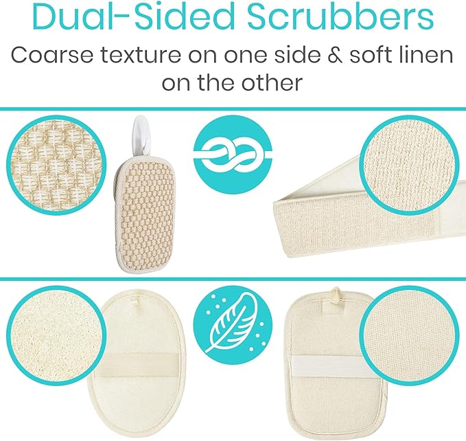 Vive Exfoliating Back Scrubbers for Use in Shower (3 Set) - Loofah Sponge Pads for Body with Handles, Deep Clean and Invigorate Your Skin for Men, Women and Elderly - Soft Luffa with Soap