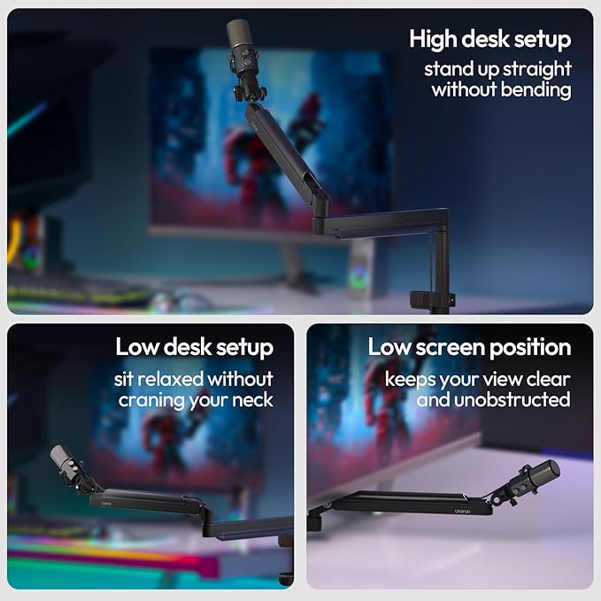 ULANZI ZJ05 Premium High-Low Profile 2-in-1 Design Microphone Boom Arm with Ballhead Cold Shoe Fully Adjustable, with Cable Management Channels, Desk Clamp for Podcast Streaming Gaming Studio