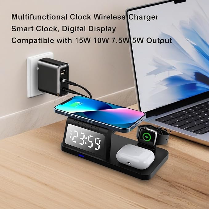 4-in-1 Wireless Charging Station with Clock Display, Compatible with iPhone/Apple Watch/AirPods,Black