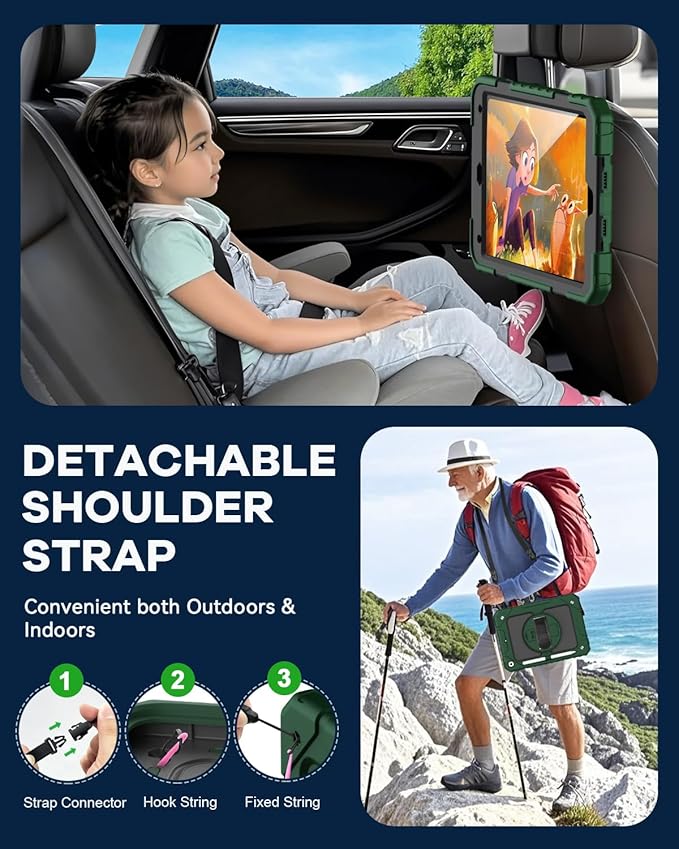 Cantis Case for iPad 9th/8th/7th Generation with Screen Protector, iPad 10.2 Case 2021/2020/2019 with 360 Degree Rotating Stand/Shoulder Strap/Pencil Holder, Alpine Green