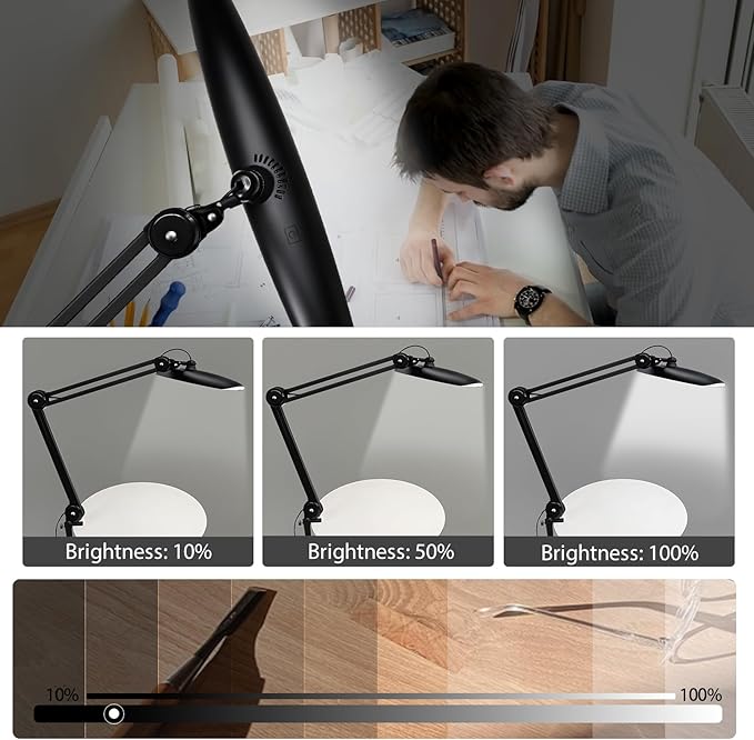 20" LED Desk Lamp with Clamp, 24W CCT Adjustable Dimmable Nail Light for Desk, 120 LEDs Metal Swivel Arm Daylight for for Nail Tech Task Home Office Reading Architect Craft, Black