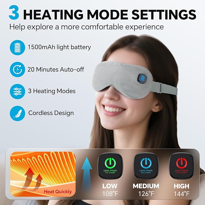 Heated Eye Mask for Dry Eyes Relief, Cordless Eye Mask with 3 Heat Settings, Washable Eye Cover, Warm Heating Pad for Stye Eye Treatment & Travel Use