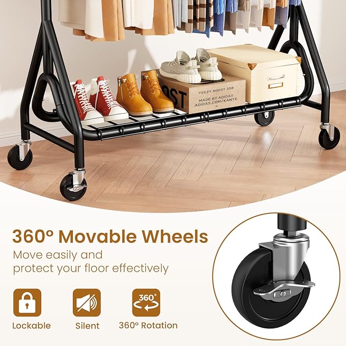 Heavy Duty Clothes Rack for Hanging Clothes, Double Rods Clothing Rack with Lockable Wheels, Rolling Metal Garment Racks Heavy Duty, Portable Wardrobe Closet Racks, Black