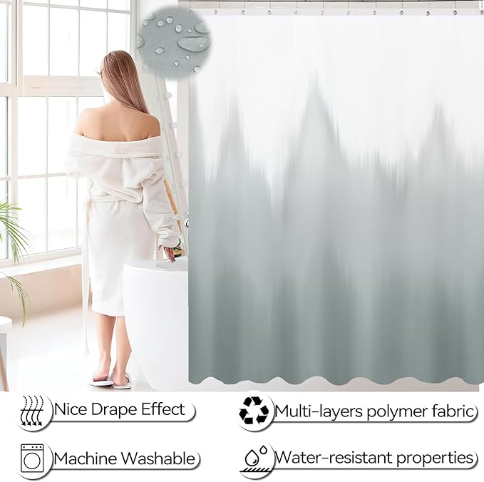 iMucci Bathroom Accessories Grey Bathroom Sets with Shower Curtain and Rug, Grey Ombre Waterproof Shower Curtain with Ultra Absorbent Rug Bathroom Accessories Set for Home Decor