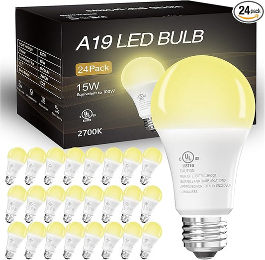 dalattin 24 Pack LED Bulbs Soft Warm 2700K, 100 Watt Equivalent A19 Standard Bulbs, E26 Base, 1500 LM, Efficient 15W Energy Saving, Non-Dimmable, 80+ CRI, 120V, UL Listed, for Living Room, Office