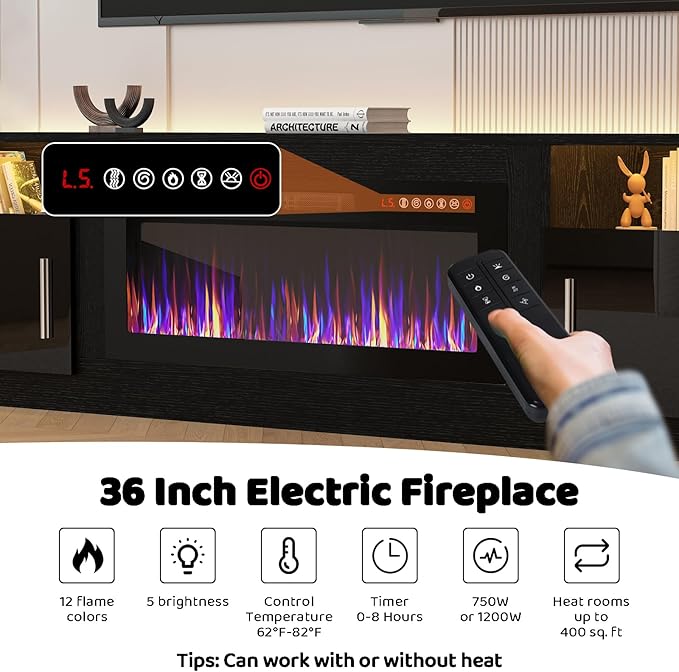 Lemberi Fireplace tv Stand with 36 inch Fireplace Up to 90" TVs, LED Light Entertainment Center and Storage, 80" Modern Wood Media TV Console with Highlight Cabinet for Living Room (Black)