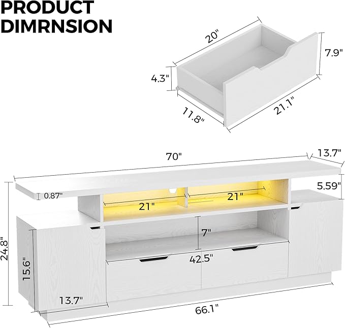 IRONCK TV Stand for TVs 85 inch with Power Outlet and LED Lights, Entertainment Center with Storage Cabinets, Media TV Console with Drawers, Modern TV Stand for Living Room, White