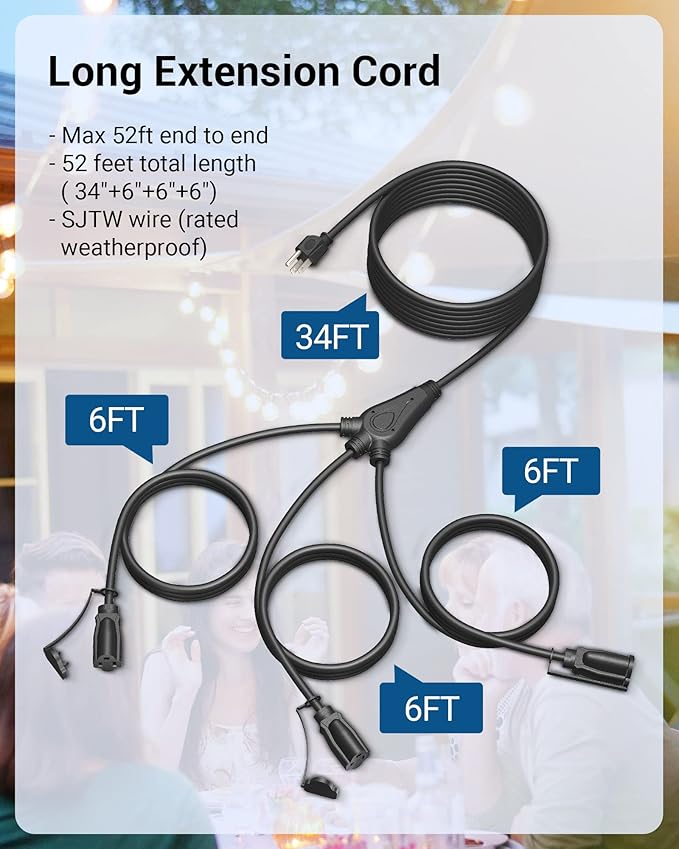 DEWENWILS Outdoor Extension Cord 1 to 3 Splitter, Total 52FT, 13A 125V 1625W 16/3C SJTW Extension Cord Outdoor, Heavy Duty Extension Cord for Holiday Light, Outdoor String Light, ETL Listed (Black)