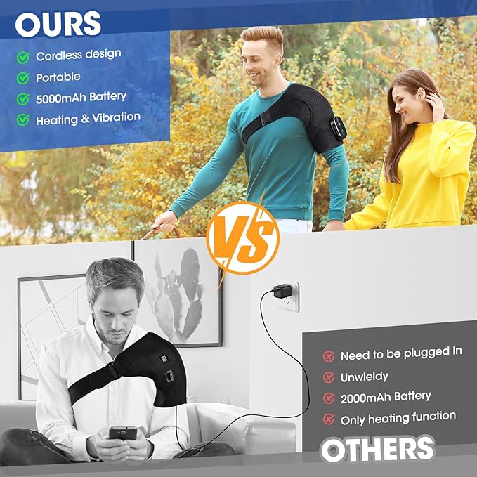 Cordless Shoulder Heating Pad with Massage, Heated Shoulder Wrap with Massage for Rotator Cuff Shoulder Brace, Shoulder Massager for Pain Relief Deep Tissue, Black