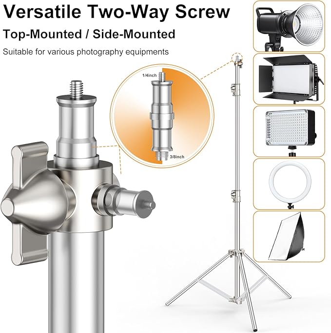 9.2 FT Stainless Steel Photography Stand, Heavy Duty Tripod With 1/4" to 3/8" Screw Adapter for Strobe, LED Video Light, Ring Light, Monolight, Softbox