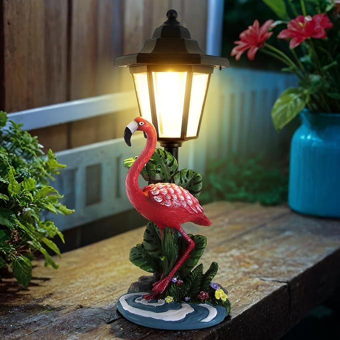 Solar Flamingo Garden Decor, Summer Outdoor Statue with Solar Light Decoration for Outside Patio Yard Backyard Gifts for Mother's Day Birthday Housewarming