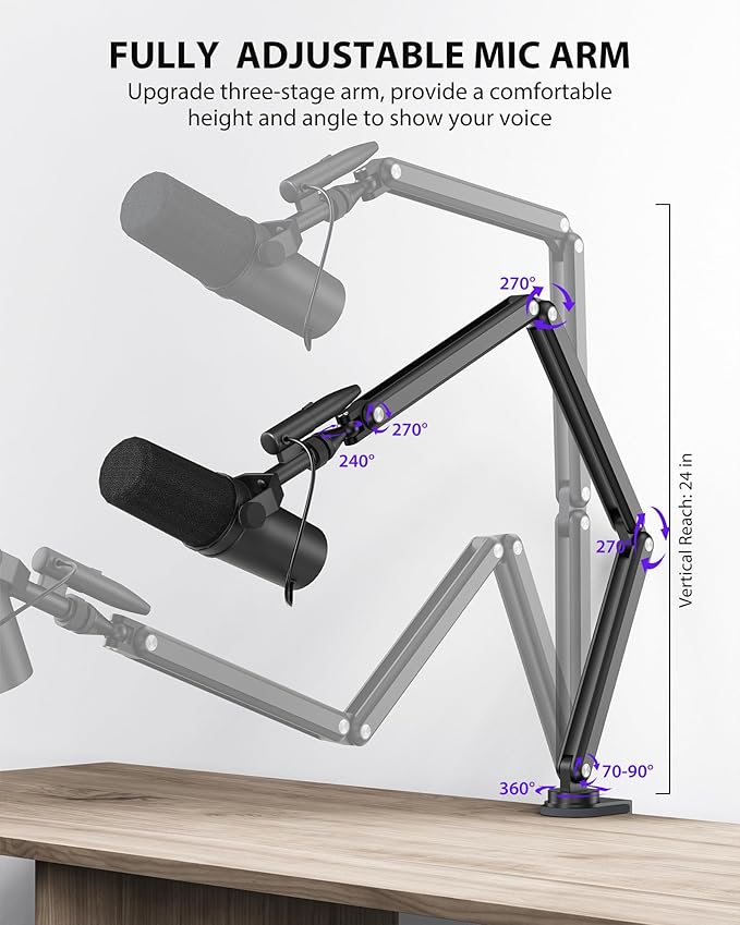 KU XIU Aluminum Alloy Boom Arm Microphone Stand for Desk, Three-Section Adjustable Mic Arm Mount with Cable Management Channels for Desktop Podcasting, Recording, Streaming, Gaming, Home Office-Black