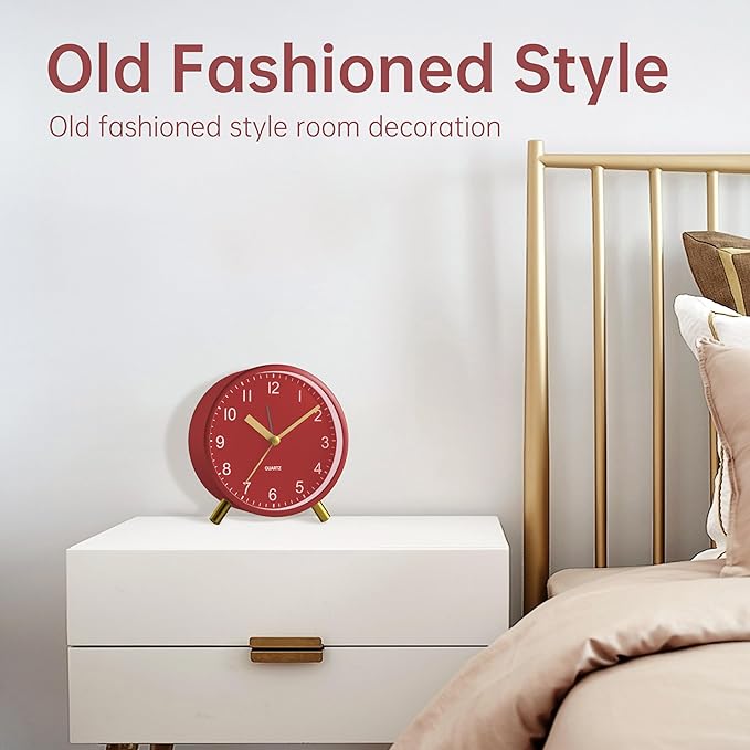 Analog Alarm Clock, 4 inch Super Silent Non Ticking Small Clock with Night Light, Battery Operated, Simple Design, easy setting for Office, Bedroom, Bedside, Desk, teens, elders, kids, adult, Red