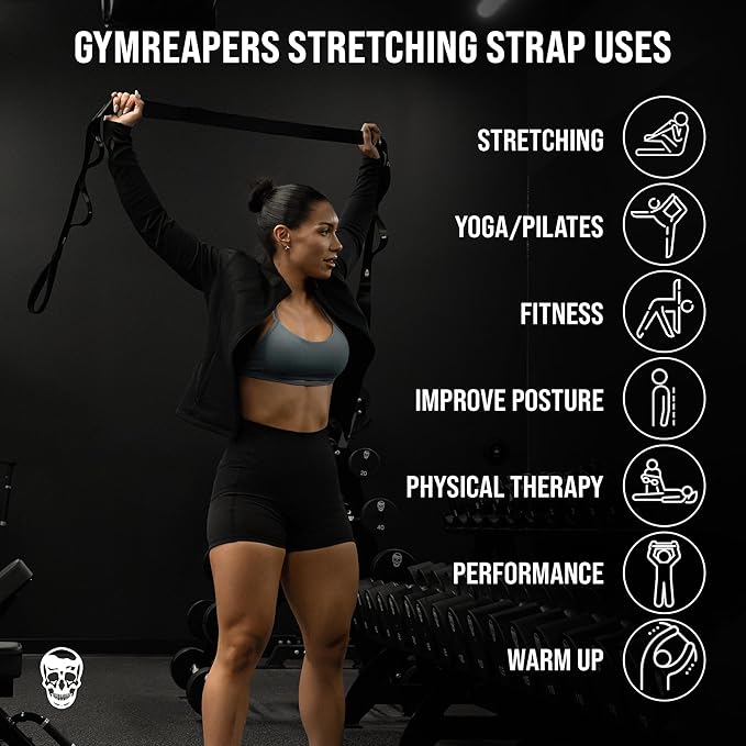 Gymreapers Stretching Strap for Physical Therapy Non-Elastic Stretch Band 10 Loop Neoprene Stretch Strap for Yoga Pilates Exercise Men & Women