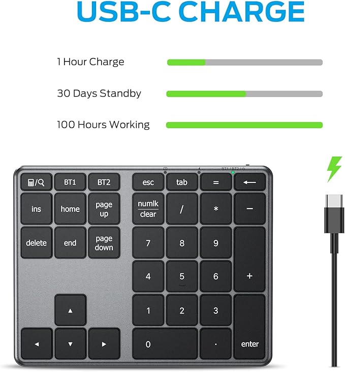 iClever Number Pad, Aluminum Wireless Number Pad for Multi Devices, USB-C Rechargeable, External 34-Keys Bluetooth Keyboard for Data Entry, Compatible for Laptop, Mac, iMac, Tablet, PC Desktop