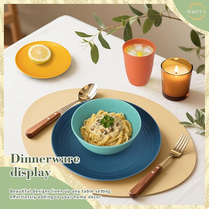 Wheat Straw Dinnerware Set of 32, Unbreakable Dinner Plates and Bowls Dishes Sets Service for 8,Dishwasher Safe Dinnerware Sets for Kitchen and Camping.Vibrant Series