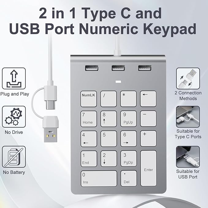 Wired Numeric Keypad with USB A/USB C, Multifunction Keys Number Pad with 3 Additional USB 2.0 Ports, 18 Keys, 15° Ergonomic Programmable Numeric Pad for Laptops, Notebooks, and Desktops