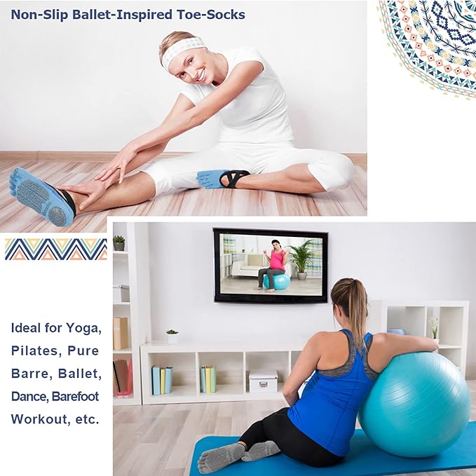 Ozaiic Yoga Socks for Women with Grips, Non-Slip Five Toe Socks for Pilates, Barre, Ballet, Fitness