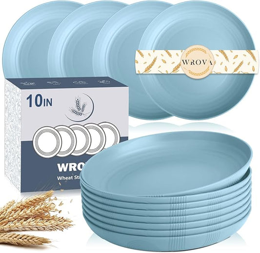 Wheat Straw Plates - 10 Inch Unbreakable Deep Dinner Plate Set of 8 - Dishwasher & Microwave Safe Plastic Plates Reusable - Lightweight Plate for Kitchen,Outdoor, RV. (Light Blue)