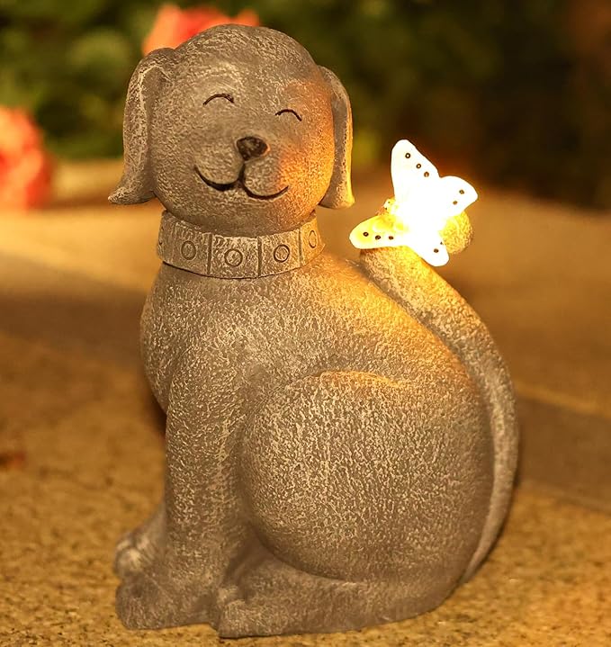 Solar Garden Statue Dog Figurine- Garden Art with Butterfly Light, Art Dog Sculpture for Patio,Balcony,Yard, Lawn-Unique Housewarming Gift for Mom Grandma