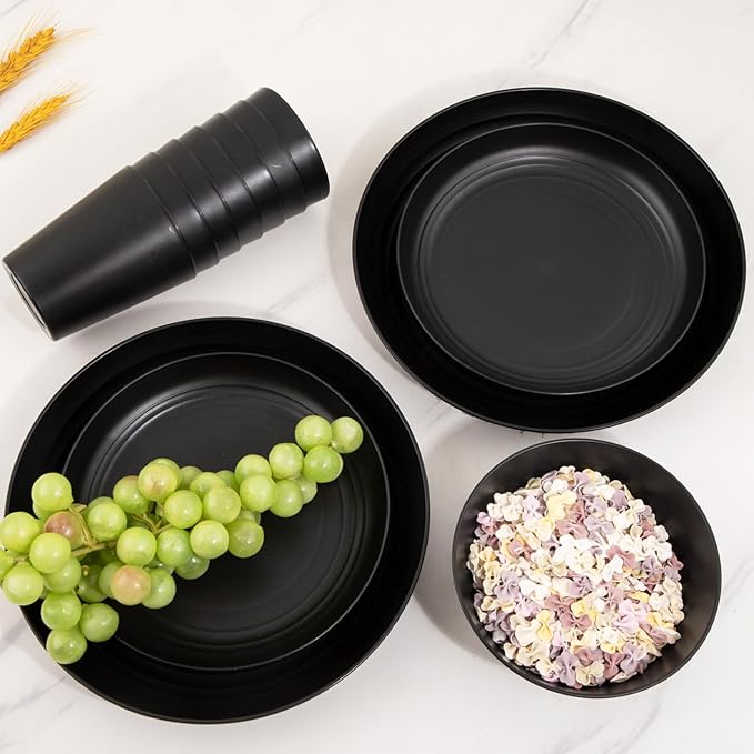 LIYH 48 Pcs Black Wheat Straw Plates and Bowls Dinnerware Set Camping Dish Set for 12,Plastic Plates and Bowls,Dishwasher Safe Dinnerware Set,Unbreakable Plastic Camper Dish Sets