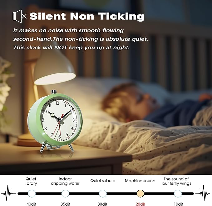 AYRELY® 4" Loud Analog Alarm Clock, Retro Metal Travel & Table Clock Battery Operated, Silent Non-Ticking Desk Clock with Alarm Switch Button for Bedroom, Bedside, Shelf, Office (Green)