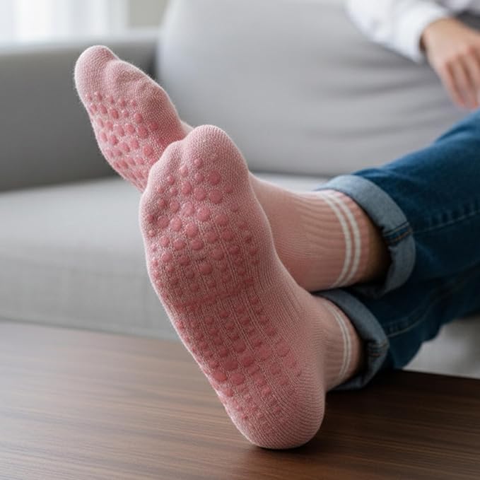 AMELLE Pilates Mid Crew Grip Socks for Women Non Slip – Half Cushioned Striped Yoga Barre Crew Socks with Grips – Anti Skid