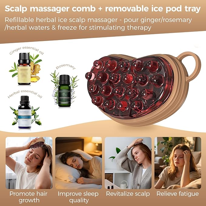 Ice Compress Scalp Massager Hair Growth Massage Comb - Upgraded Raised Dot Ice Tray Design for Tension Headache Relief and Scalp Care (Brown)