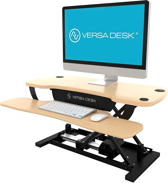 VERSADESK® PowerPro™ 36” x 24” Standing Desk Converter | 36 Inch Electric Height Adjustable Sit to Stand Desk Riser w/Keyboard Tray & USB Hub - Ergonomic Workstation for Home & Office, Maple