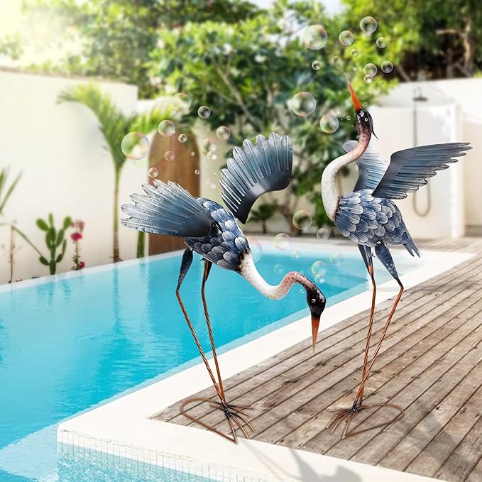 MUMTOP Crane Garden Statues for Outside, 2 Pack Blue Heron Garden Sculpture Statue, Large Bird Yard Art for Backyard Pond Patio Porch Decoration