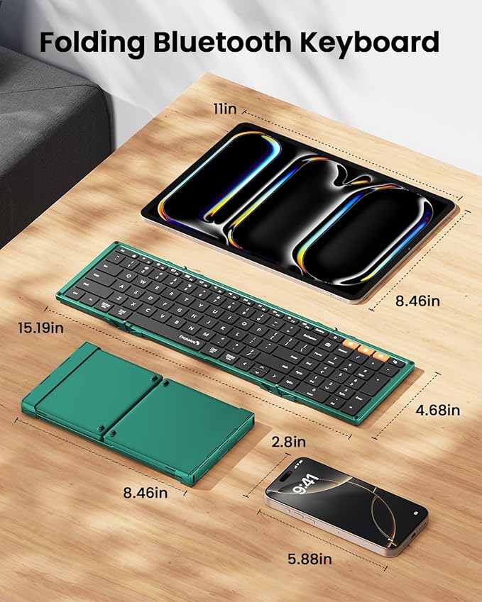 ProtoArc Foldable Bluetooth Keyboard, XK01 Folding Wireless Portable Keyboard with Number Pad, Full-Size Travel Keyboards for Windows iOS Android Tablet Smartphone Laptop PC - Dark Green
