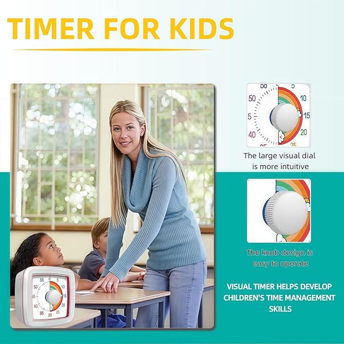 Visual Timer for Kids Adults, 60-Minute Countdown Timer for Classroom, Kitchen,Office, Pomodoro Timer Time Management Tools for Toddler ADHD(White)