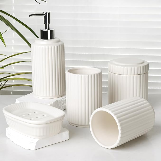 White Bathroom Accessory Set 5PCS, Ceramic Bathroom Accessories Set, Classic Design Bathroom Accessories Sets Complete, Home Apartment Modern Bathroom Decor Vanity Countertop, ANTIS'S HOME