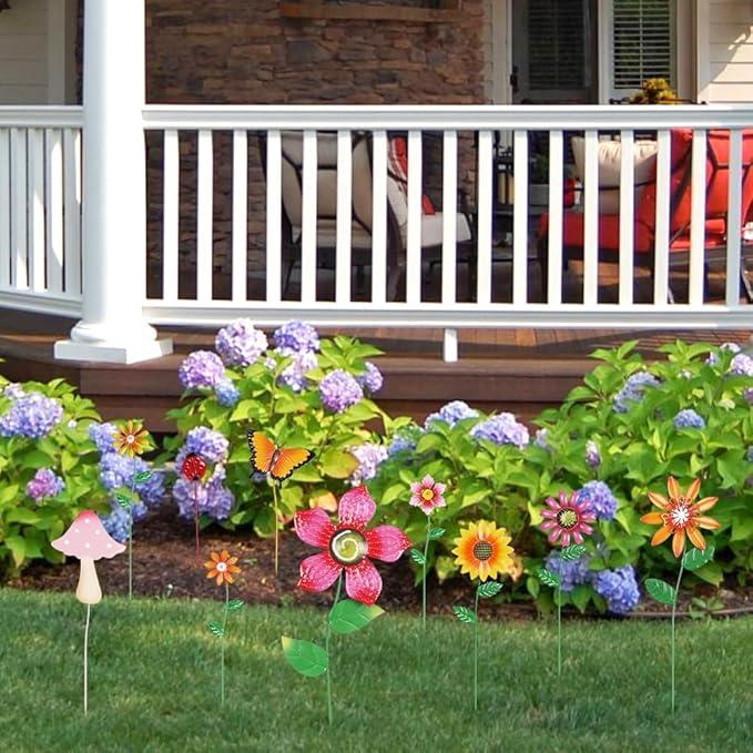 hogardeck Garden Decor for Outside, Set of 10 Metal Flowers Garden Stakes with Mushroom Butterfly Ladybug for Spring Decor, Yard Art Garden Decorations for Outdoor Lawn Porch Pathway (Multi-Color)