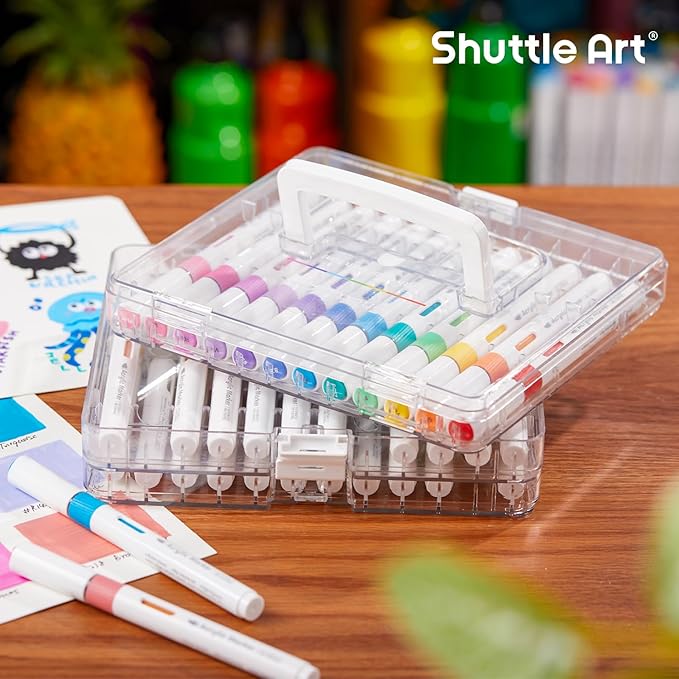 Shuttle Art 36 Markers Acrylic Marker Organizer, Portable 3-Layer Transparent Storage Box, Stackable Pen Holder for Art Supplies,Ideal for Home, Office & School Desk Organization