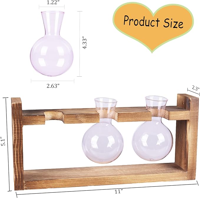 Kingbuy Glass Plant Terrarium Propagation Station - 3 Bulb Colored Vases with Retro Wood Stand Indoor Garden Planter - Wall Mounted & Desktop Decor for Home Kitchen Wedding, Gift for Plant Lover, Pink